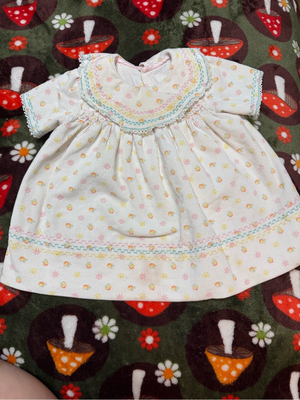 Vintage Baby Girl White Floral Smocked Dress with Pastel Embroidery